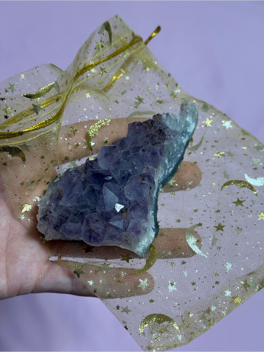 Amethyst Crystal Cluster - Purple Raw Gemstone & Whimsical Gold Stars Pouch